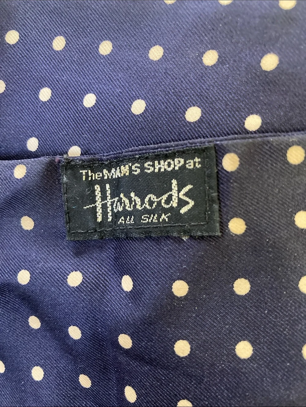 Harrods Navy and Cream Polka Dot Silk Scarf